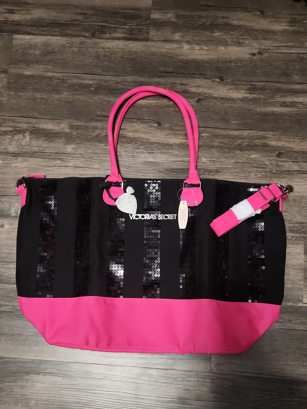 Victoria's Secret Black and Hot Pink Sequin Tote